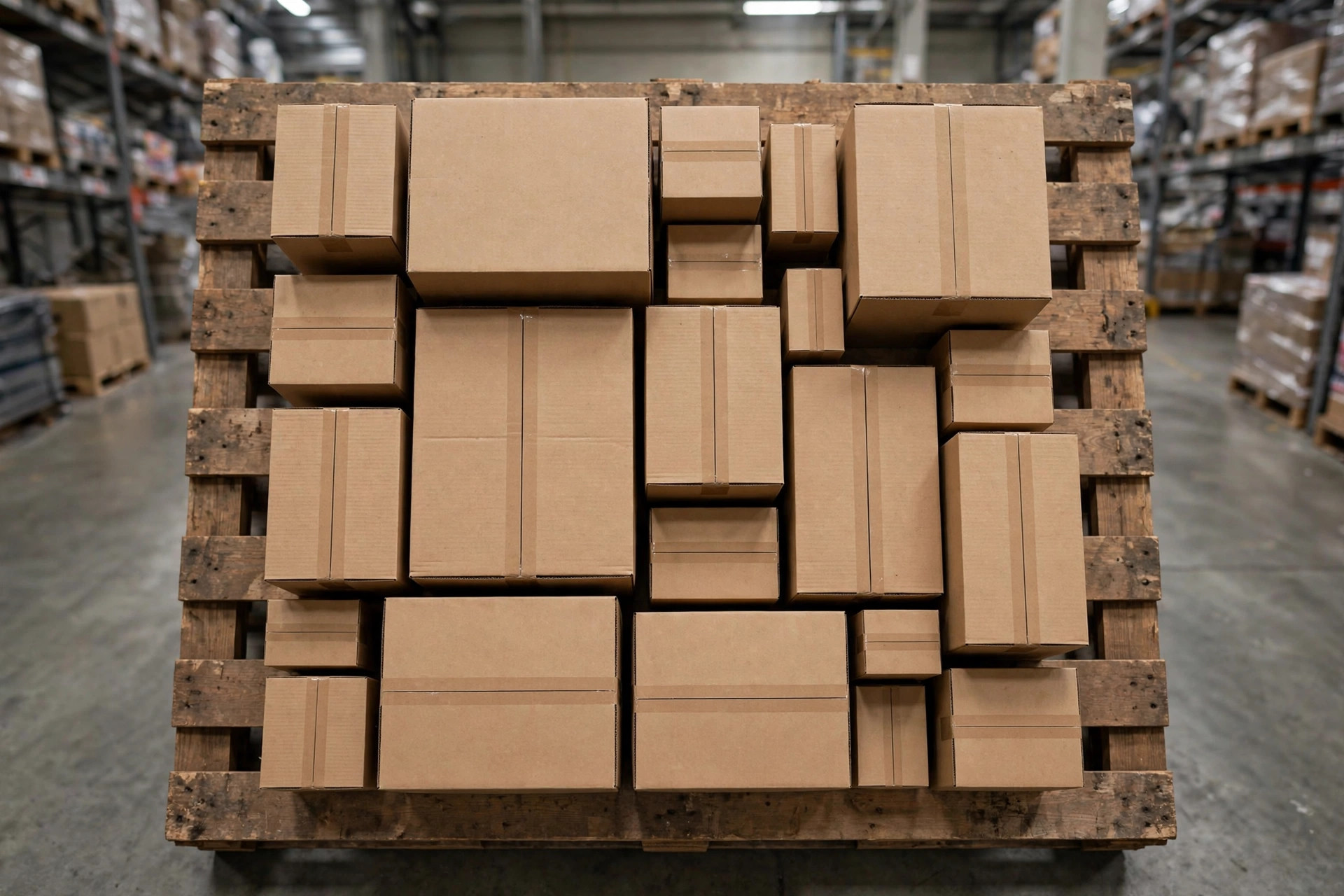Vue de dessus de cartons disposés sur une palette selon un schéma de chargement optimisé