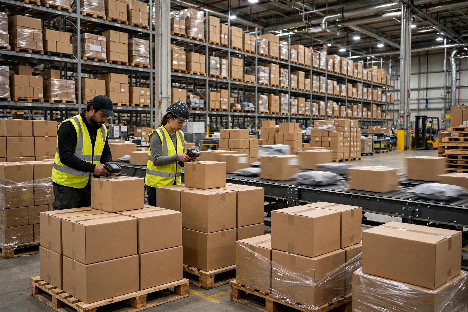 FBA倉庫の受入エリアでチェックインを待つ入荷パレット