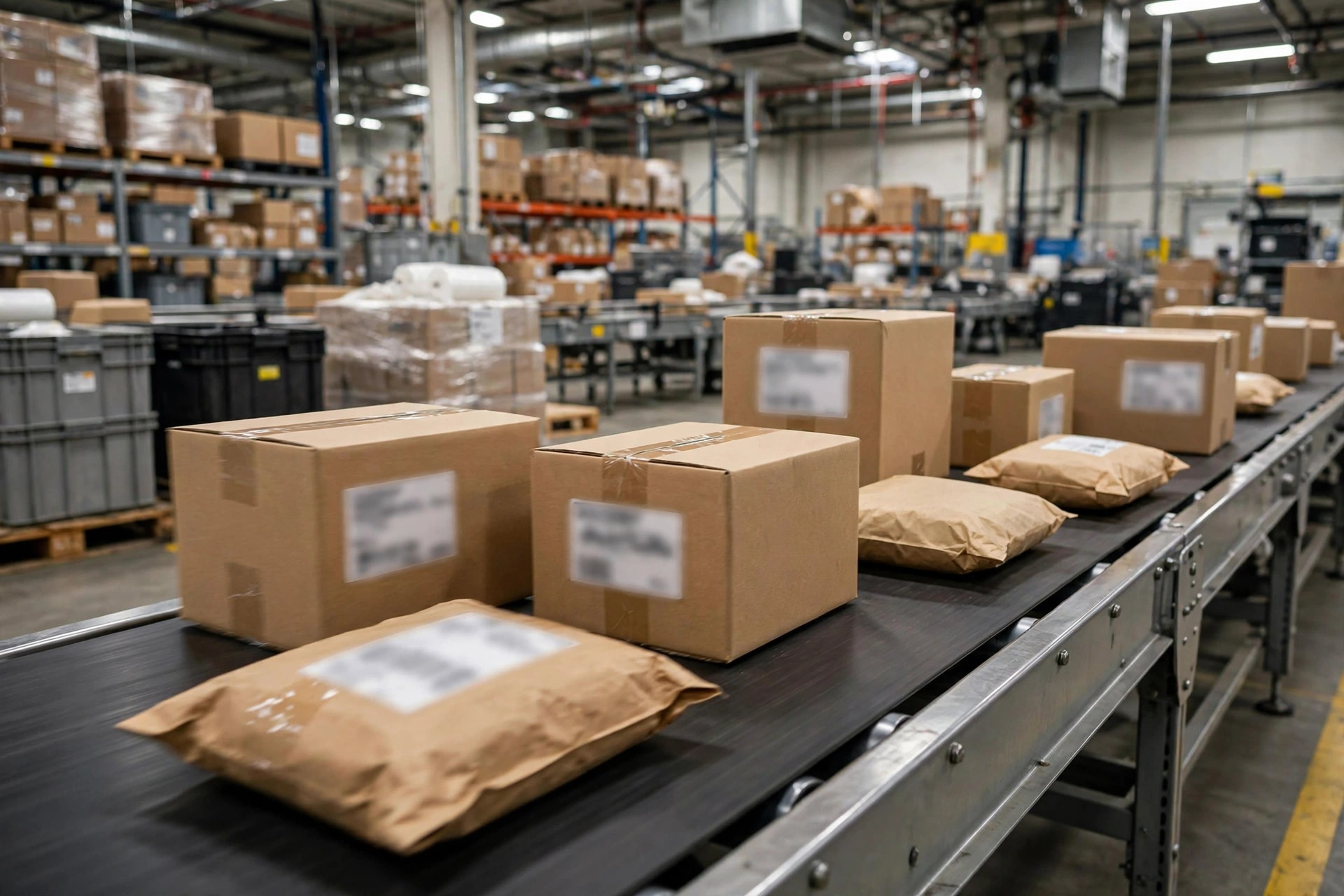 フルフィルメントセンターのコンベアを流れる荷物