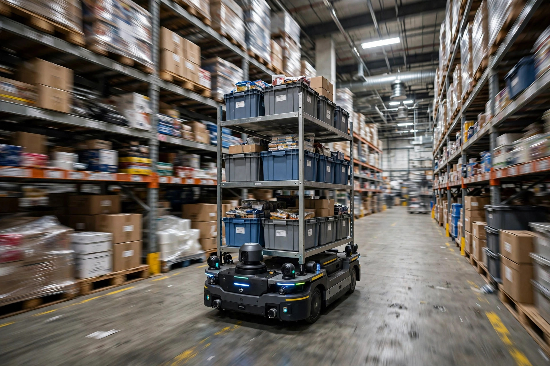 Un robot AMR en fonctionnement dans une allée d'entrepôt