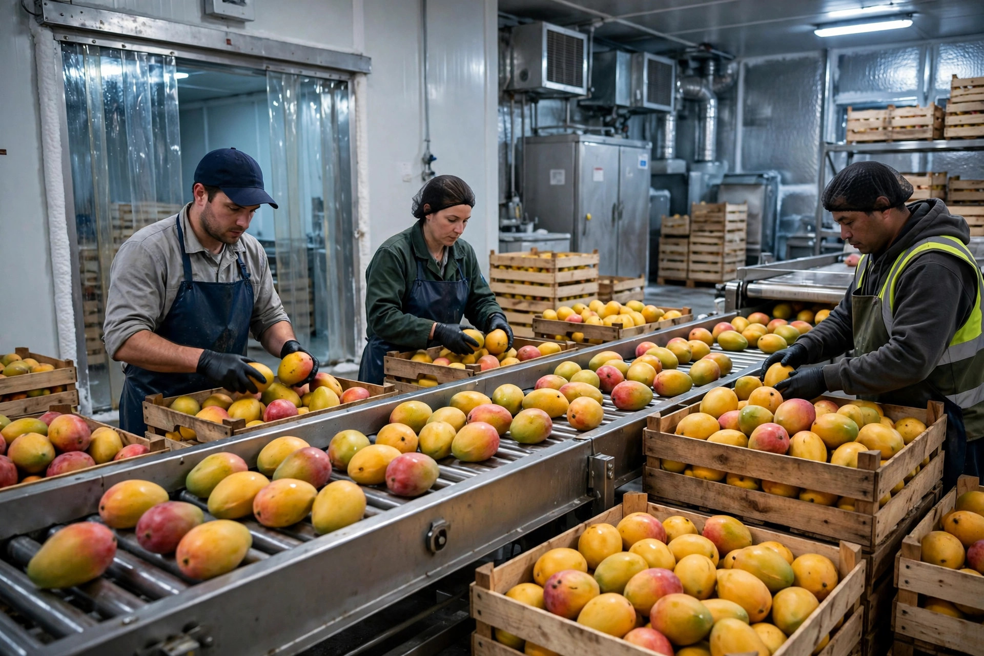 Chaîne du froid de la mangue Alphonso indienne : station de conditionnement, lignes de traitement et prérefroidissement