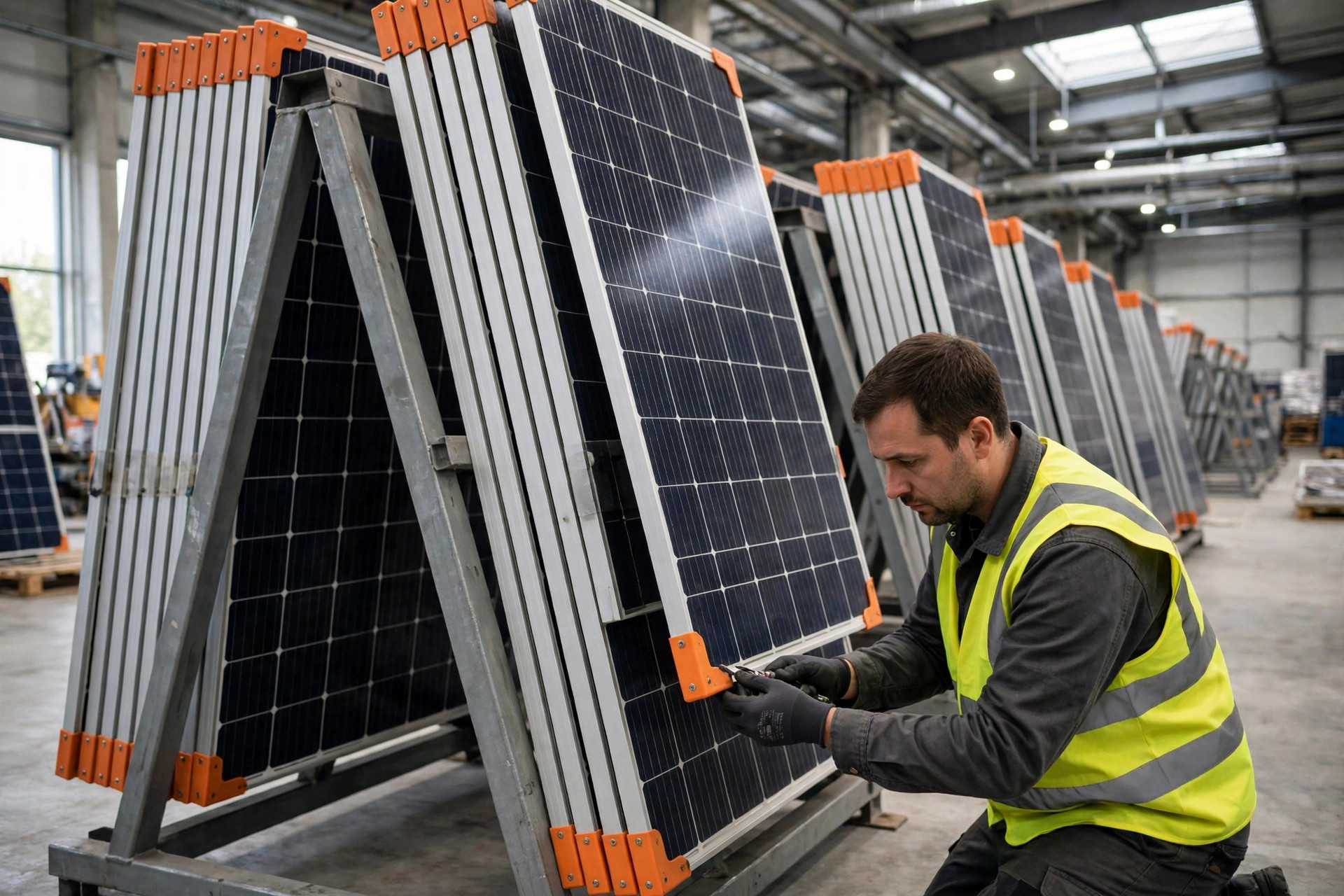 太陽光パネルの倉庫保管ハンドリング：平置きをやめ、縦置きラック、コーナー保護、損傷台帳で守る