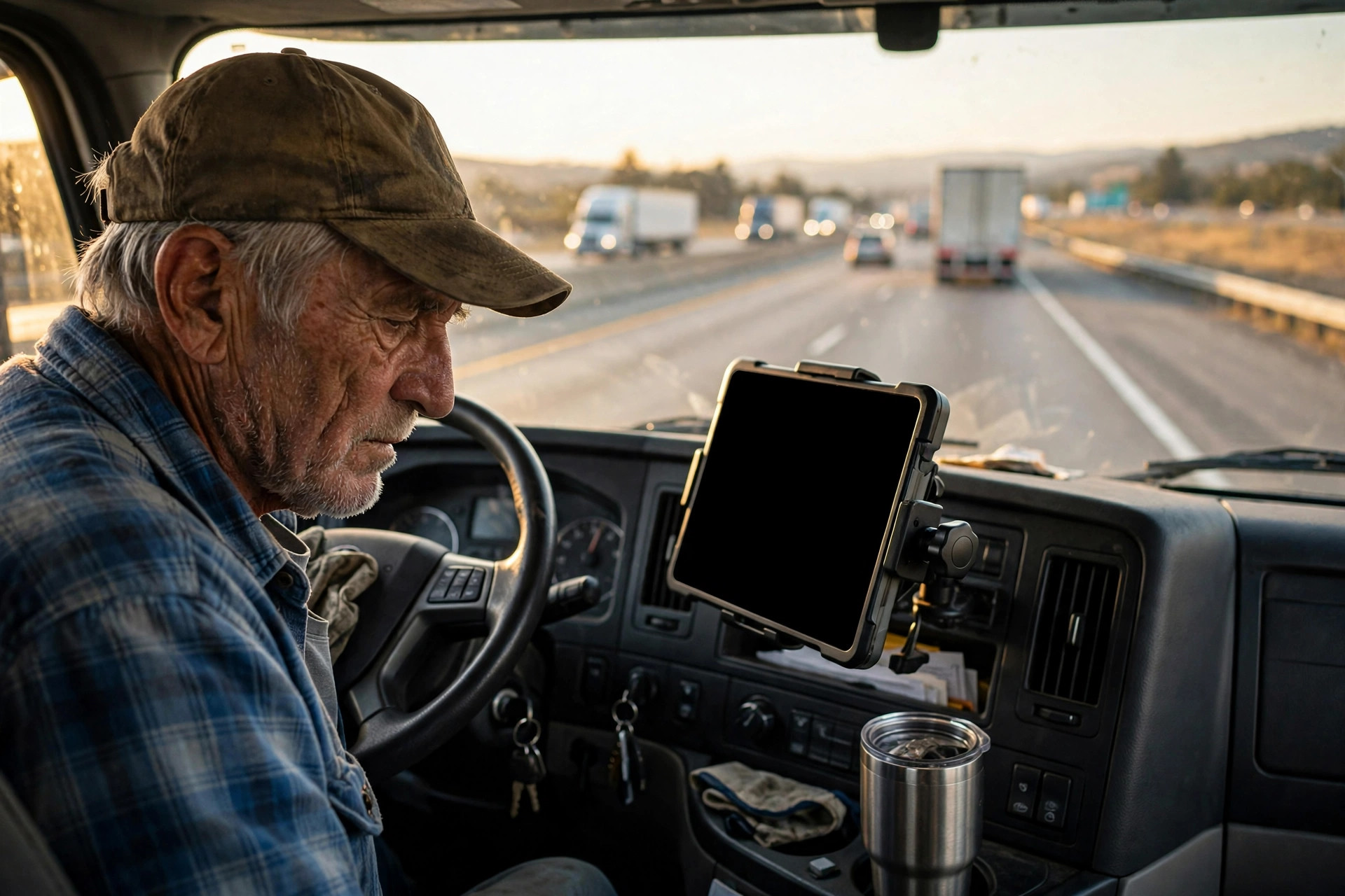運転席でTMS配車タブレットを確認するベテラン・トラック運転手、前方には高速道路の交通