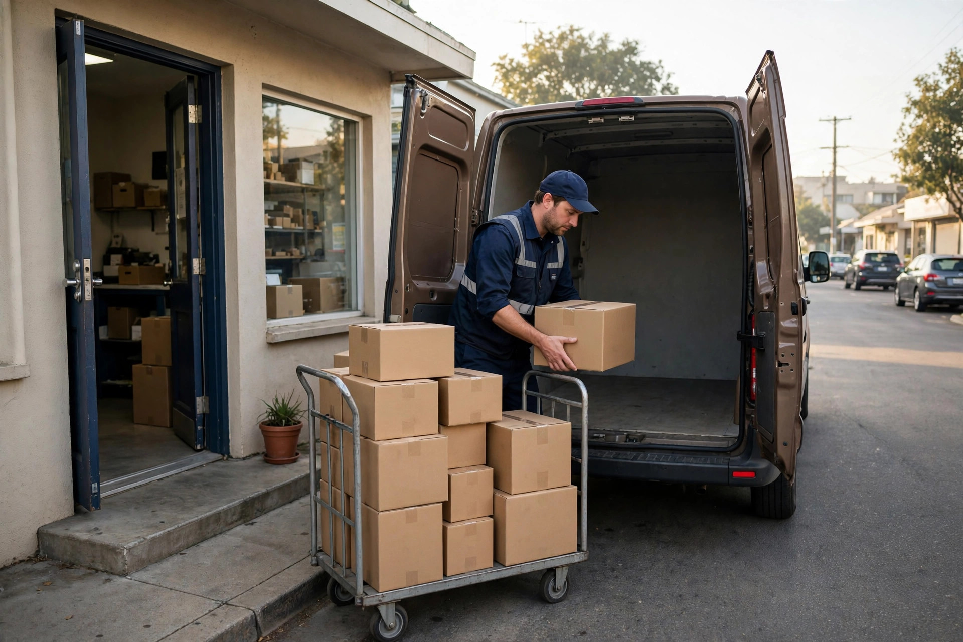 Motorista coletando pacotes prontos para envio