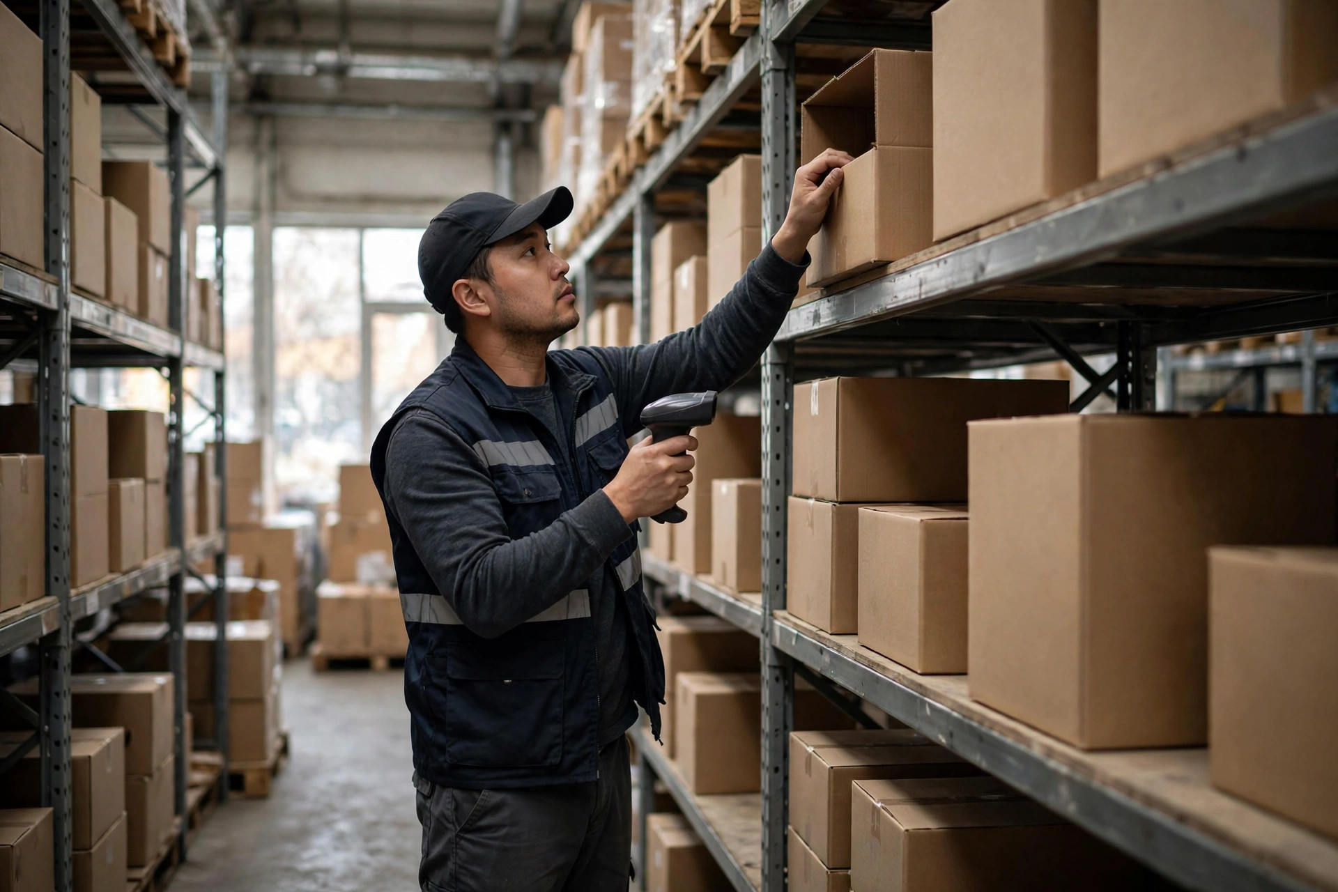 Un préparateur scannant des marchandises avec un terminal portable dans une allée d'entrepôt