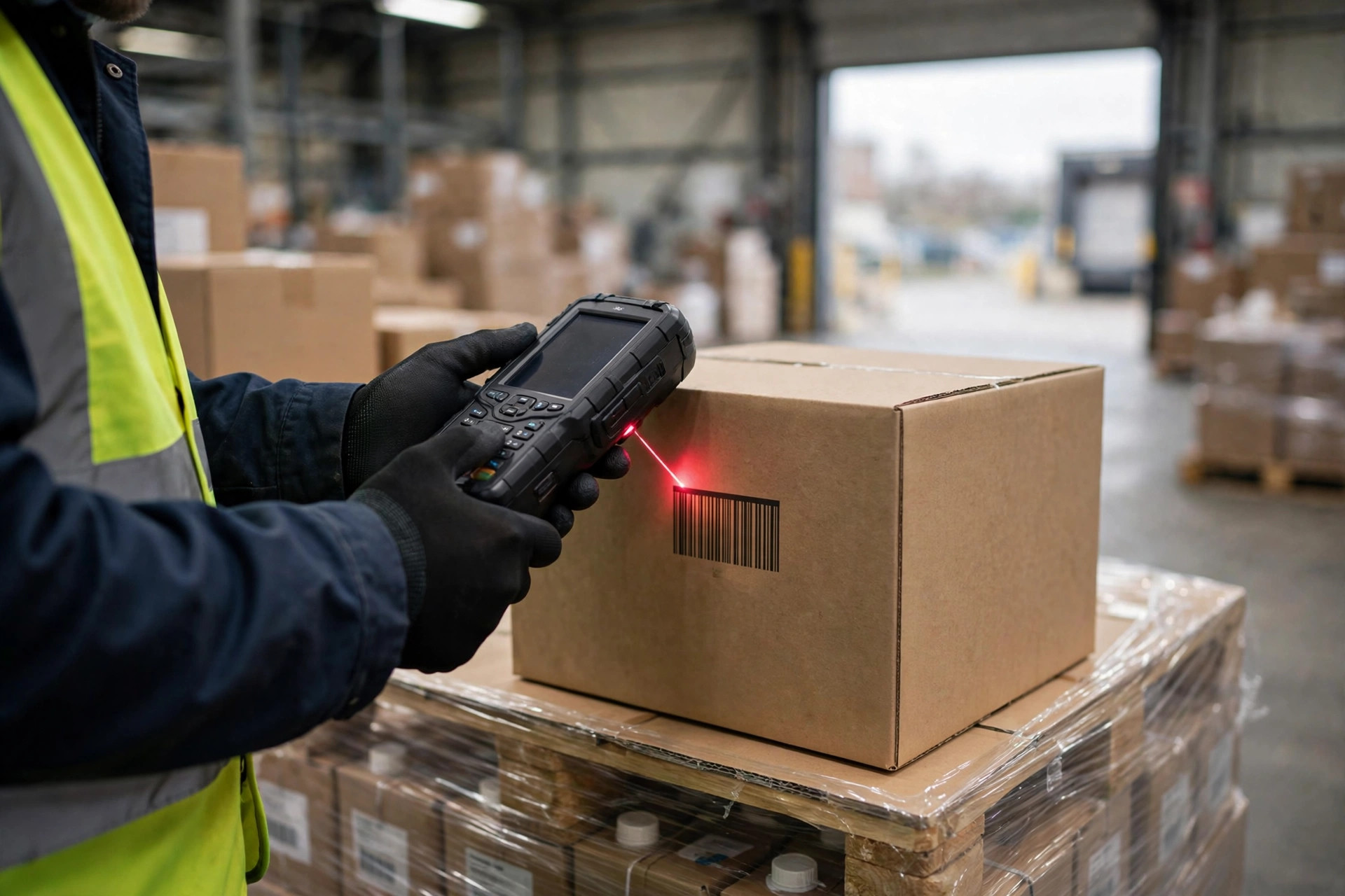 Trabajador de almacén escaneando cajas con un terminal portátil en el muelle de recepción